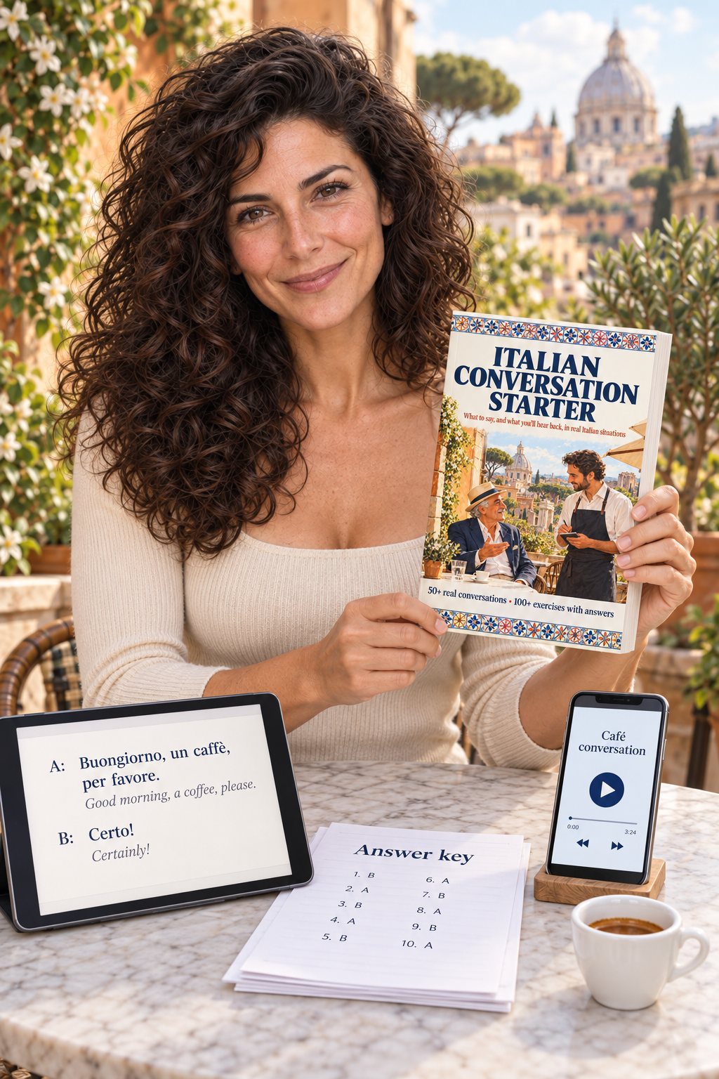 Gianna holding Italian Conversation Starter, with the tablet reader, practice sheets and café audio