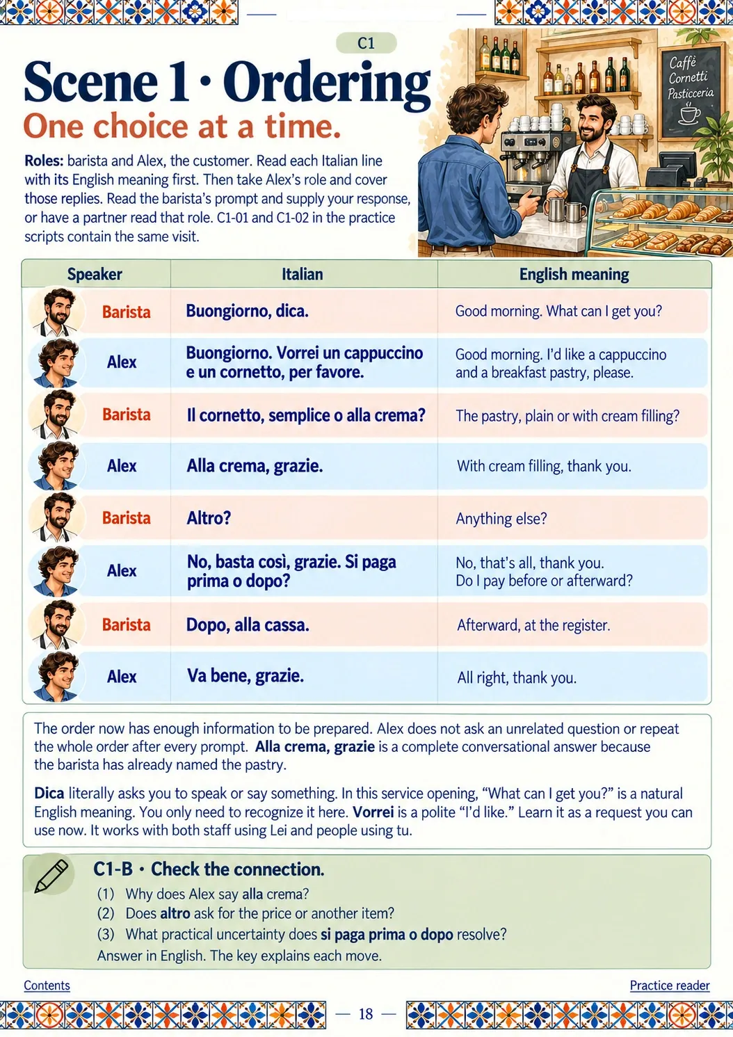 The café conversation page from the book