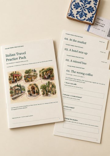 Italian Travel Practice Pack booklet with answer cards